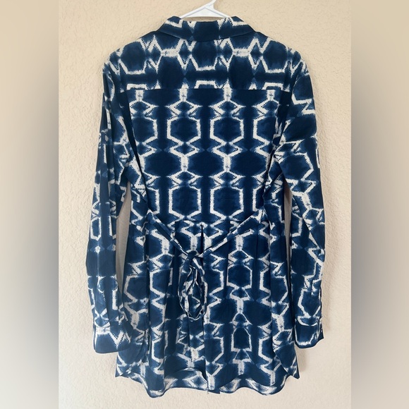 Lafayette 148 Tunic Top Geometric Batik Print Button Front Size 14 Belted - Picture 2 of 11